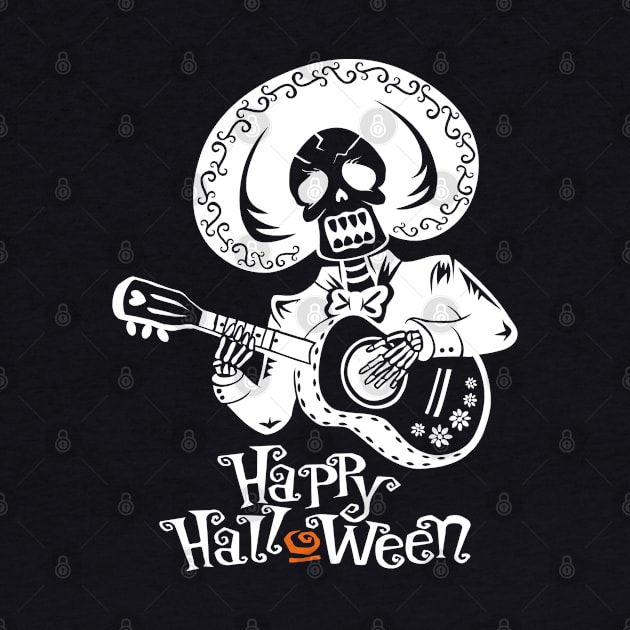 A Funny Skeleton Playing Guitar, Happy Halloween Graphic Design, Halloween Party Shirt, Halloween Tshirt, Halloween T-shirt, Halloween Tee, Halloween Tees, White Version 2/2 by Modern Art